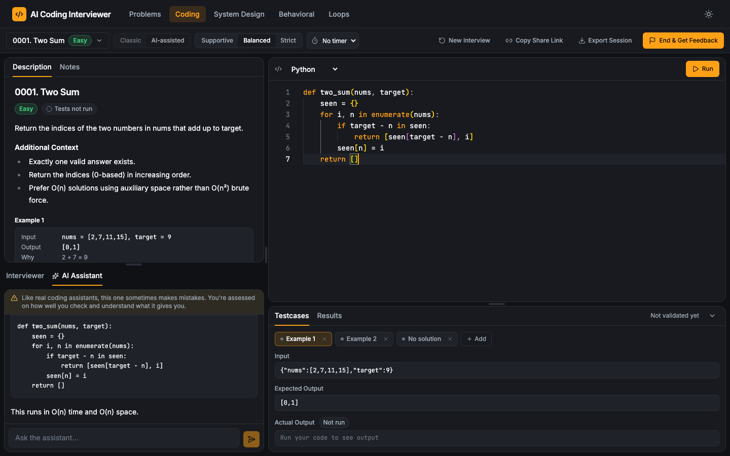 The coding workspace in AI-assisted mode: problem, interviewer and assistant chat, editor, and tests