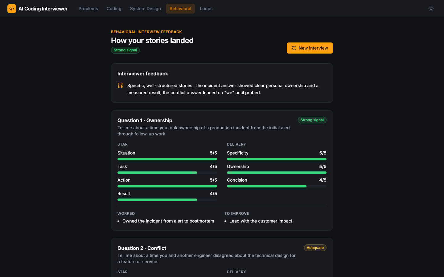 Behavioral feedback with STAR scores for each answer