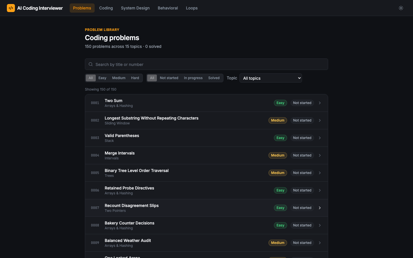 The problem library with search and filters